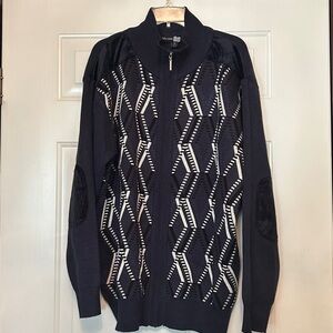 Full Zip Cardigan Sweater XL Blue Elbow Pads Grandpacore Vintage Geometric